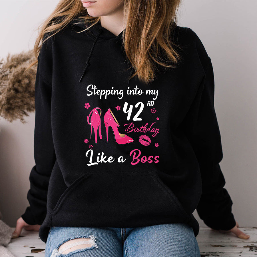 Stepping into my 42nd Birthday Like a Boss, 42nd birthday unique gifts for woman, 42nd birthday ideas, Turning 42 years old cotton shirt
