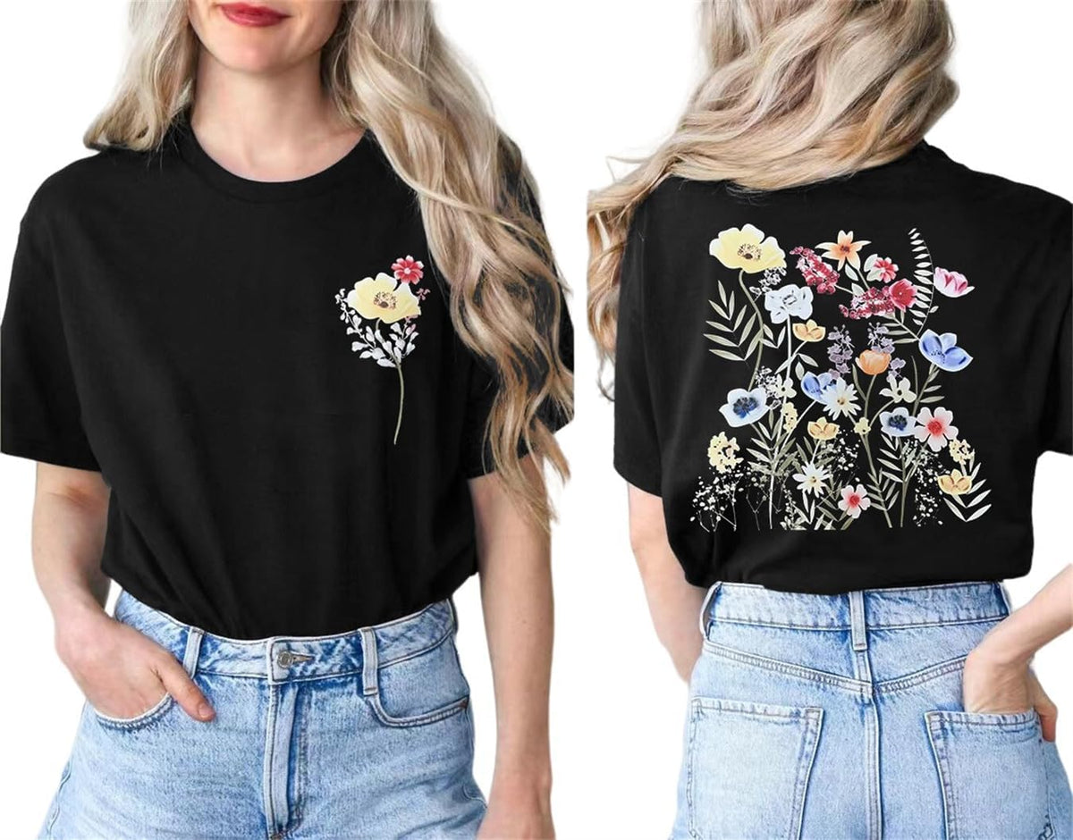 Women's Vintage Flowers Shirt Casual Boho Floral Printed T-Shirt Sunflower Wildflowers Graphic Tees Tops for Girl